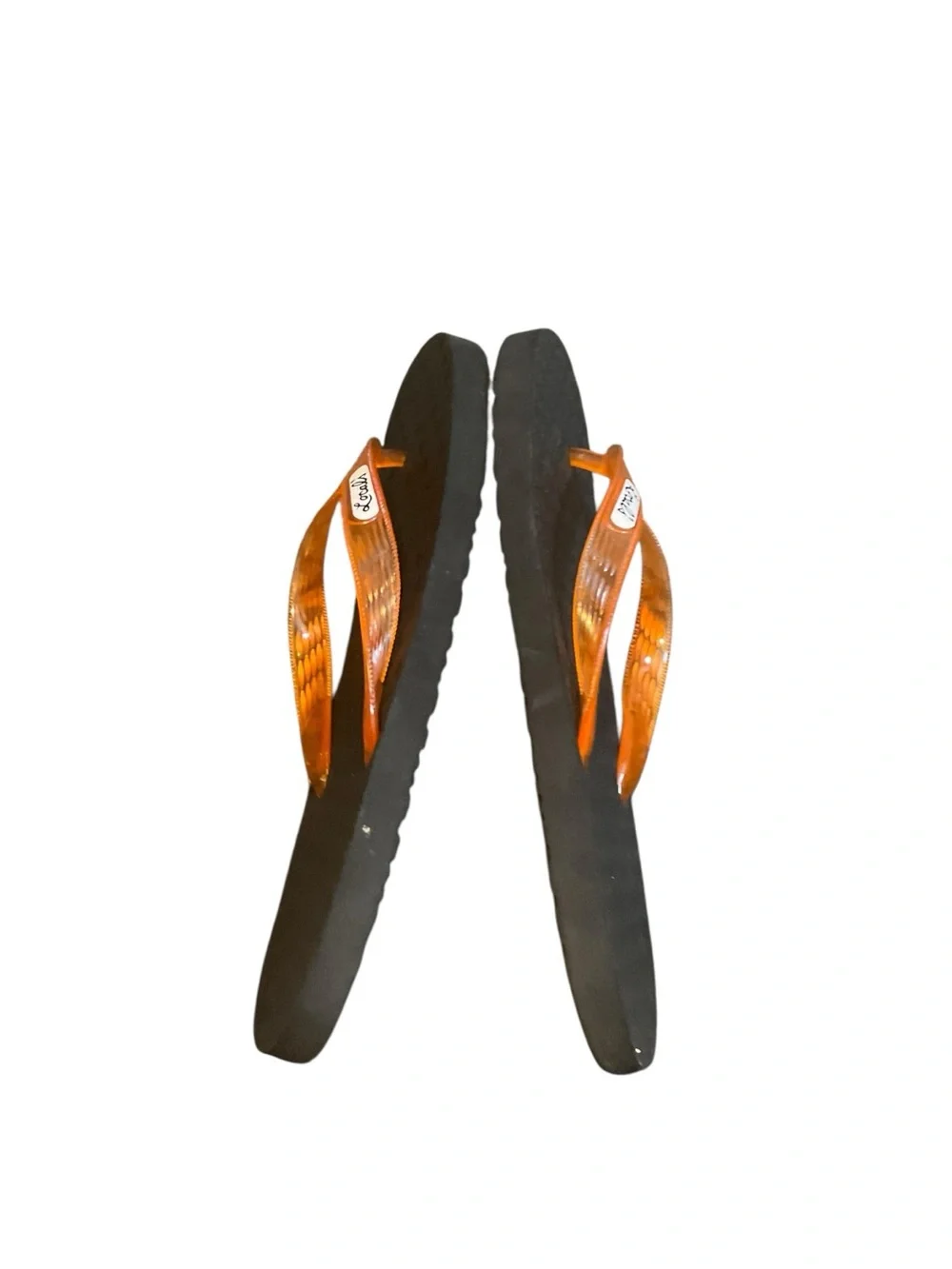 Women’s Orange Strap Flip Flops with Black Textured Footbed - Unbranded